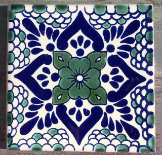 40 Talavera Mexican Pottery Tile 4 " Poblanco 2 Sea Foam Green Cobalt Blue Flower