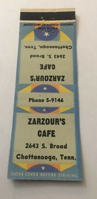 Vintage Matchbook Cover Matchcover Zarzour’s Cafe Chattanooga Tn