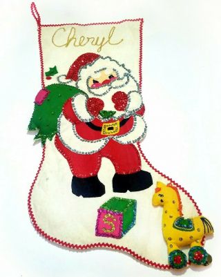 Vintage Bucilla Felt Christmas Santa Stocking For Cheryl