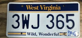2016 West Virginia License Plate 3wj 365