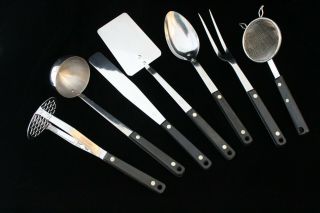 7 Vtg Ekco Kitchen Utensils Vanadium Stainless Flint Spoons Spatula Fork Masher,