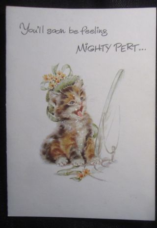 Vintage Get Well Greeting Card Yellow Kitten Looks In Mirror Hat Glitter