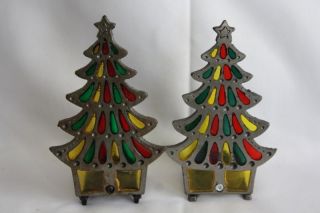Vintage Tiffany Style Stained Glass Christmas Tree Glo Candle Holders Cast Iron