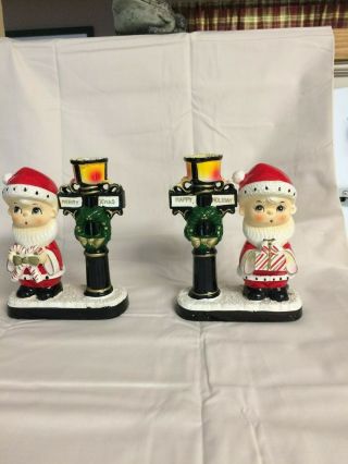 Rare - - - Vintage Ceramic Christmas Candle Holders Santa Boys,  Pair Blume Co.