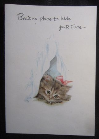 Vintage Get Well Card Tiger Kitten Under Blanket Glitter