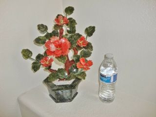 Vintage Asian Jade Bonsai Tree Glass Red Flower Plant In Octagon Pot,  14 " Tall