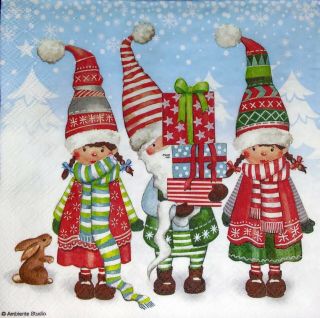 3 X Single Paper Napkins Decoupage Christmas Elfin Gnomes Dwarfs & Presents M160