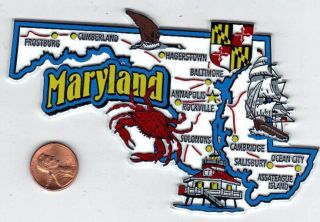 Maryland State Jumbo Map Magnet 7 Color Annapolis,  Baltimore,  Ocean City