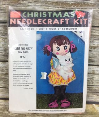 Vintage 60s Sears Christmas Needlecraft Kit 25 - 8832 Katie & Kitty Toy Doll 22 "