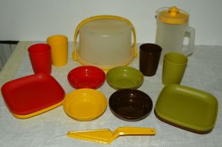 Vintage Tupperware Toys Luncheon Set Brown Orange Green Yellow 15 Piece Set