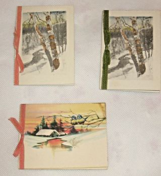 Vtg Antique Dated 1920 3 Tiny Christmas Cards W/ribbon Nature Snow Winter Scenes