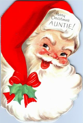Flocked Hat Santa Claus Diecut Jolly Face Rust Craft Vtg Christmas Greeting Card