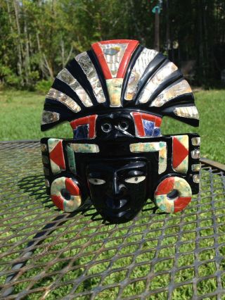 Mask Obsidian Stone Inlaid Abalone & Gemstones Mexico Carved