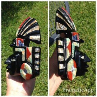 Mask Obsidian Stone Inlaid Abalone & Gemstones Mexico Carved 2