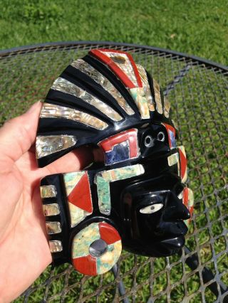 Mask Obsidian Stone Inlaid Abalone & Gemstones Mexico Carved 3