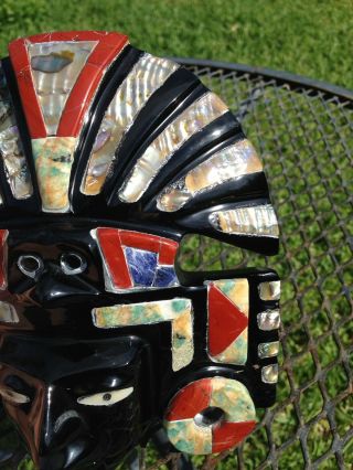 Mask Obsidian Stone Inlaid Abalone & Gemstones Mexico Carved 4