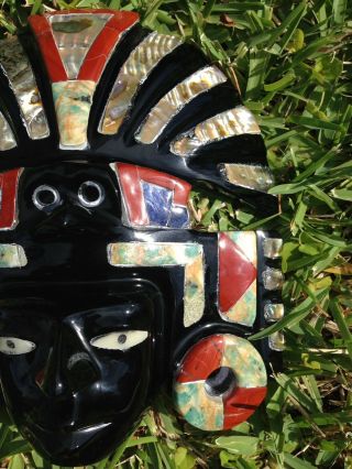 Mask Obsidian Stone Inlaid Abalone & Gemstones Mexico Carved 6