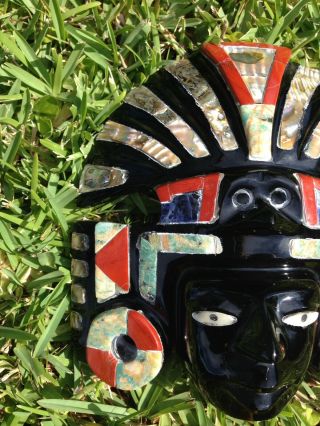 Mask Obsidian Stone Inlaid Abalone & Gemstones Mexico Carved 7