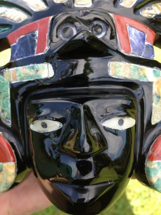Mask Obsidian Stone Inlaid Abalone & Gemstones Mexico Carved 8