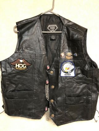 Men’s Leather Motorcycle Vest With Harley Davidson Patches And Pins 2xl