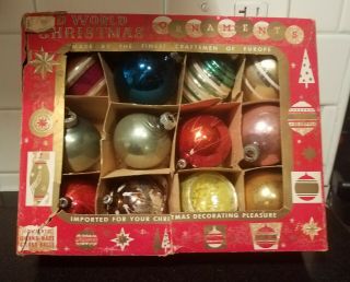 Vintage Box Of 12 Glass Christmas Tree Ornaments In Various Designs,  Shapes &.