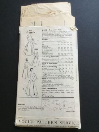 Vintage VOGUE SPECIAL DESIGN Women ' s Dress sewing pattern 1950s S - 4698 3