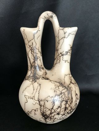 Vintage - Navajo Horse Hair Pottery - Wedding Vase - Beige And Black - Signed - 7 1/2 "