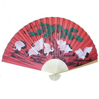 Large 84 " Folding Chinese Wall Fan Oriental Paper Hanging - Red W/ 8 Cranes
