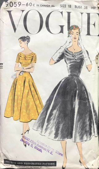Vtg 50s Vogue Pattern 9059 Full Skirt Evening Cocktail Party Dress 18