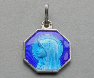 Saint Virgin Mary.  Antique Religious Sterling Pendant.  Enamel Medal.  Art Deco.
