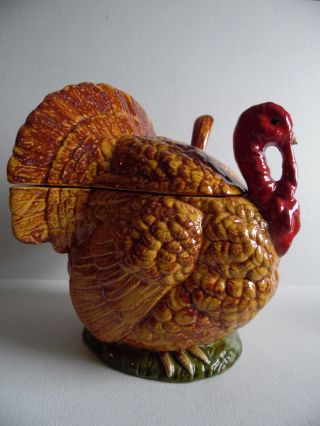 Vintage Ceramic Gravy Tureen Covered Turkey With Ladle 8 " Tall