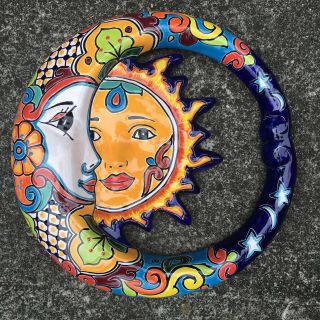 Sun & Moon Eclipse - Mexican Talavera Pottery Sun Moon Ceramic - Folk Art 14” 3