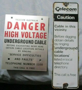Rare Telecom B&w Enamel Sign,  Nos High Voltage Cable Sign - 2 Signs