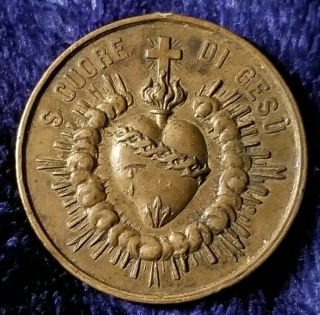 Sacred Heart Of Jesus & Mary Votive Old Large Bronze Christian Religious Medal