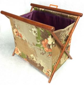 Vintage :barkcloth: Folding Sewing Basket Crochet Tote Fabric Knitting Bag