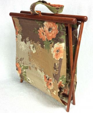 Vintage :BARKCLOTH: Folding Sewing Basket Crochet Tote Fabric Knitting Bag 2