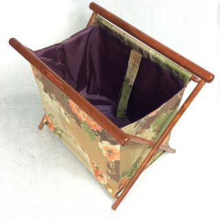 Vintage :BARKCLOTH: Folding Sewing Basket Crochet Tote Fabric Knitting Bag 4
