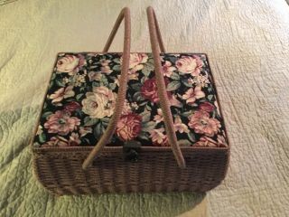 Vintage Mauve Wicker Sewing Basket With Handles Cloth Top 17” X 12” X 9”