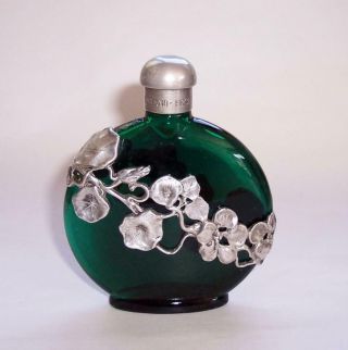 Vintage First Impressions Silver Plated & Green Glass Perfume Bottle Art Nouveau