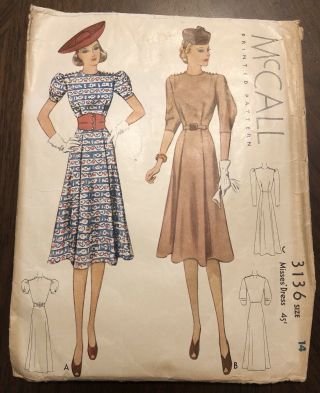 Mccall Printed Pattern 3136 1939 1930s Dress Vintage Sewing Size 14 30s 40s