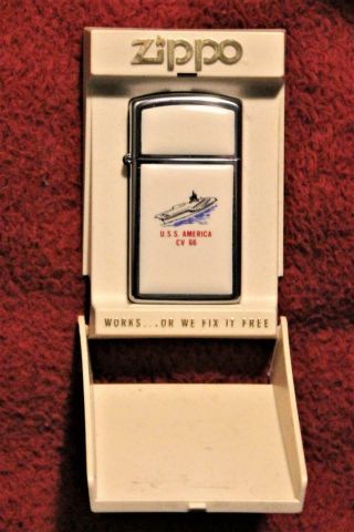 1984 Uss America Cv - 66 Rare? Zippo White Slim Line Lighter,  Cased,  Carrier