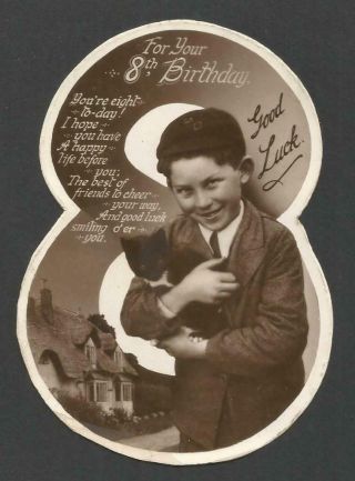 K02 - Boy With Lucky Black Cat - Number 8 Shape - 1930s Birthday Card