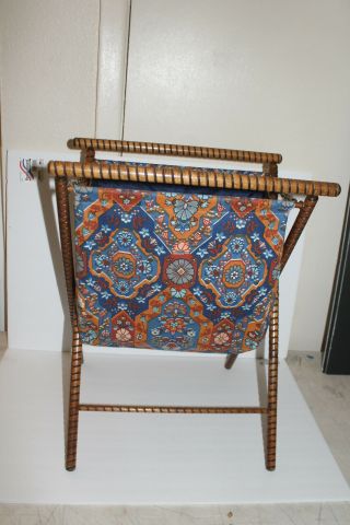 Vintage Fabric Yarn Knitting Crocheting Sewing Basket Caddy Wood Folding Frame 3