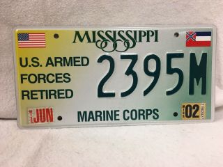 2002 Mississippi Us Armed Forces Retired License Plate (marine Corps)