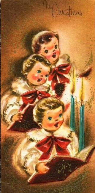Vintage Pixie Girls Choir Singing Christmas Greeting Card Mid Century Modern