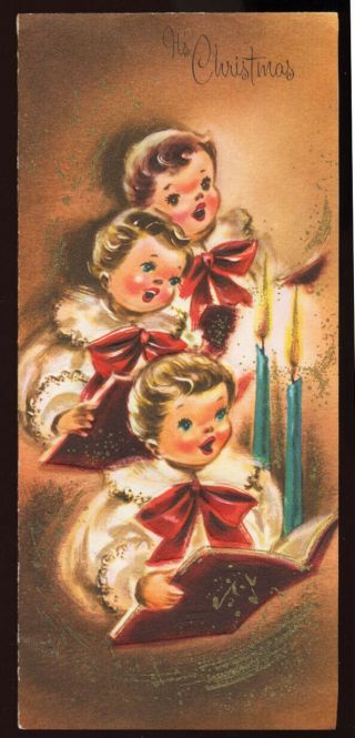 Vintage PIXIE Girls Choir Singing CHRISTMAS Greeting CARD Mid Century Modern 2