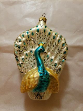 Strutting Peacock With Blue Eyed Tail Feathers Blown Glass Ornament Poland 6 "