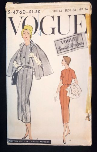 1950s Vintage Vogue Special Design Sewing Pattern S - 4760 Dress And Cape Sz 14