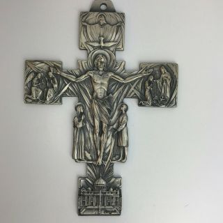 Pewter Wall Cross Duc In Altum Bas Relief Scenes Christ Birth Ascension