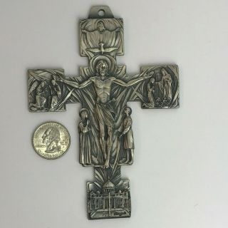 Pewter Wall Cross Duc In Altum Bas Relief Scenes Christ Birth Ascension 4